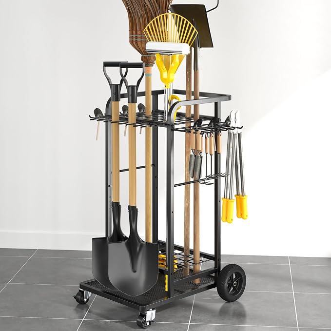 SOYEEZE Garden Tool Organizer with Large Wheels, Heavy Duty 3-Tier Yard Tower Tool Rack for Garage, Holds Up to 35 Long-Handled Tools, Garden Tool Cart with 12 Hooks for Tool Organization Storage