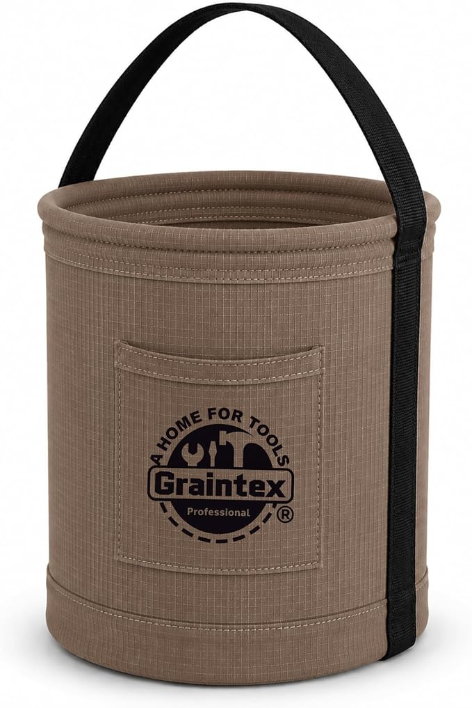 Graintex Canvas Utility Bucket 12"x15", Round Tool Bucket, Reinforced Base & Carry Handle, Ripstop Canvas, Multi-Purpose Bag for Jobsite, Home Use - Beige