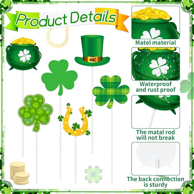 Pickmesh 6 Pcs 12" H St. Patrick's Day Yard Sign Shamrock Metal Yard Sign Irish Barn Garden Stake for Planter Pot Walkway Pathway Saint Patricks Outdoor Decor Lawn Decoration