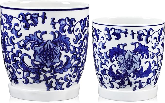 Set of 2 Ceramic Blue and White Plant Pots with Drainage Hole and Saucers, 4.3/5.5 Inches Ceramic Planters Round Flower Pots for Indoor Plants Succulent Cactus Orchid Flower, Indoor Outdoor Decor
