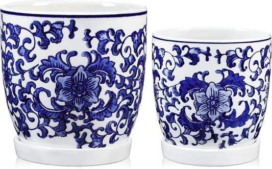Set of 2 Ceramic Blue and White Plant Pots with Drainage Hole and Saucers, 4.3/5.5 Inches Ceramic Planters Round Flower Pots for Indoor Plants Succulent Cactus Orchid Flower, Indoor Outdoor Decor