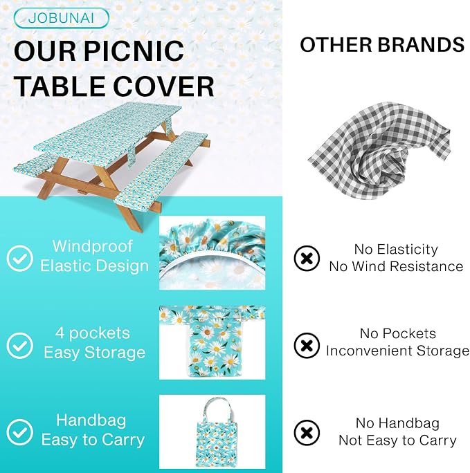 Jobunai Picnic Table Cover with Bench Covers Waterproof Camping Tablecloth with Elastic for 6 Foot Rectangle Tables Outdoor Travel Essentials list Summer Rv Vacation Finds Gifts Ideas for Mens Womens