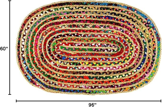 COTTON CRAFT Jute Chindi Braid Rag Rug - 5x8 Ft Oval Multi Color Area Rug | Handwoven Reversible Jute & Natural Recycled Cotton Boho Farmhouse Rustic Area Accent Rug - Living Room Carpet Home Décor