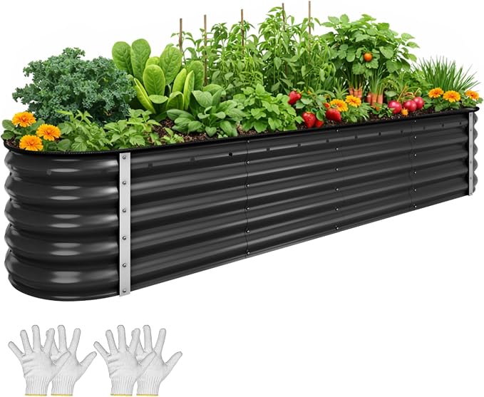 YITAHOME 8x2x1.5ft Galvanized Oval Raised Garden Bed, Metal Planter Box with Safety Rubber, Gloves, Outdoor Flower Bed for Planting Plants Vegetables, Black