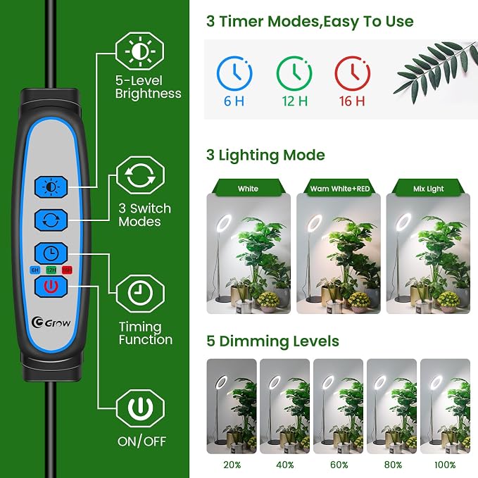 Aokrean Grow Lights for Indoor Plants, 6.3in Full Spectrum Growing Lamp | 80 LEDs Black 1-Pack, 2 Installation Ways, 9.8-37.4 in Height Adjustable, 3 Lighting Modes, Timer 6/12/16Hrs, 5 Brightness