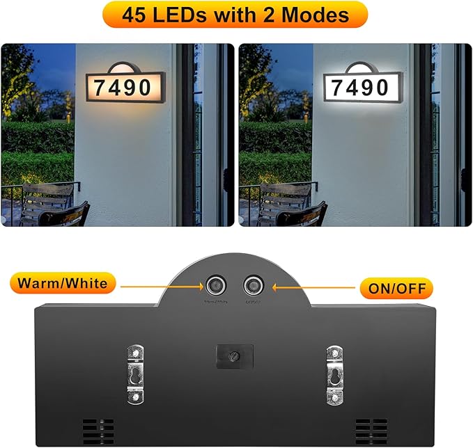 LED Solar Address Sign, Address Numbers for Yard with 2 Colors, Warm White & Cool White, IP 65 Waterproof House Numbers Sign for Outside, Wall Mounted/In Ground Solar House Number kit