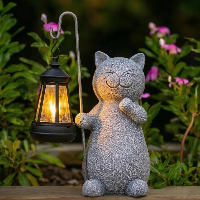 Qeeman Solar Cat for Garden Decor: Weatherproof Resin Statues | Warm Glow Lantern Outdoor Decoractions for Yard Pathway Patio Porch Balcony Front, Gifts for Mom Grandma Lovers