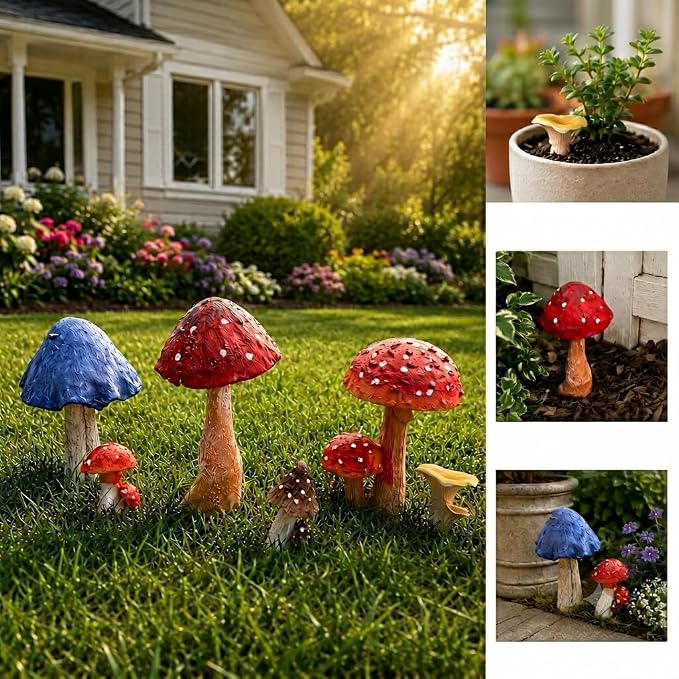 Fairy Garden Accessories Outdoor Mushroom Decor - 6 PCS Colorful Mushroom Figurines, Miniature Garden Statues and Lawn Ornaments for Outside Yard Art, Patio Plant Pot Decoration