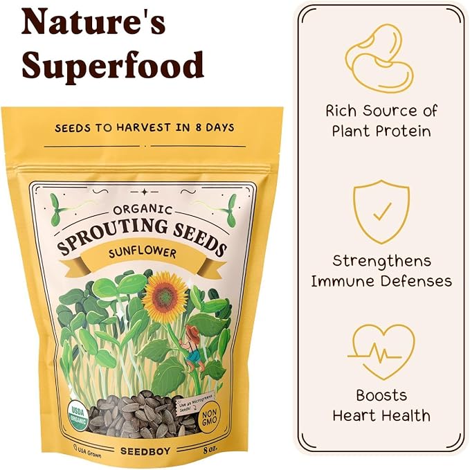 Seedboy Organic Sunflower Seeds for Sprouting - Non-GMO, USA Grown Microgreens Sprouting Seeds Mix - Makes 5 Quarts of Sprouts, 20 Servings (8 oz) (Black Oil Sunflower)