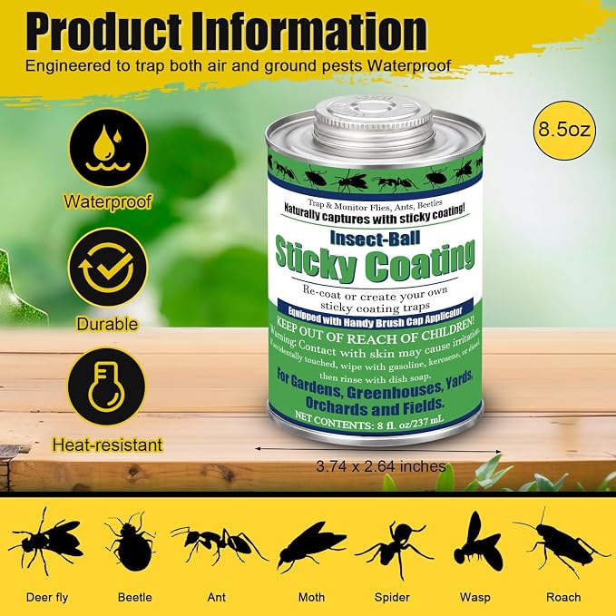 Insect Trap Sticky Coating with Brush and 12 Pcs Plastic Cups, 8 oz Insect Barrier Kit Outdoor DIY Adhesive Coating Pests for Gardens Greenhouses Orchards Plants(Gnat Trap Kit)
