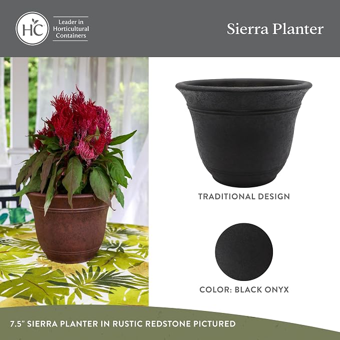 The HC Companies Sierra Round Self-Watering Pot - Lightweight Plastic Planter for Herbs & More - Durable Plant Pots for Indoor Plants & Outdoor Plants (7.5” Black Onyx, Pack of 1)