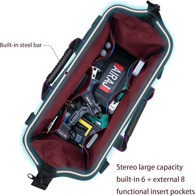 Women Heavy Duty Tool Bag with Molded base,Garden Storage Organizer for Tools,16 x 7.5 x 10.5 inches,600D Polyester Fabric (Purple)