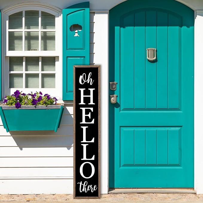 Oh Hello There Outdoor Welcome Sign For Front Porch Standing 45"X9" Large Rustic Farmhouse Vertical Tall Long Wooden Framed Outside Front Door Home Wall Decoration (Wood Black)