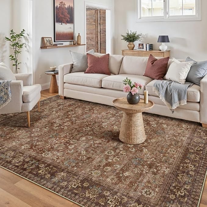 HUGEAR 5x7 Machine Washable Rugs Brick Red Hallway Area Rug Indoor Accent Rug Floral Low Pile Carpet Soft Throw Aesthetic Rug Bedroom Living Room Office Dining Room Kitchen Laundry Room Non Slip