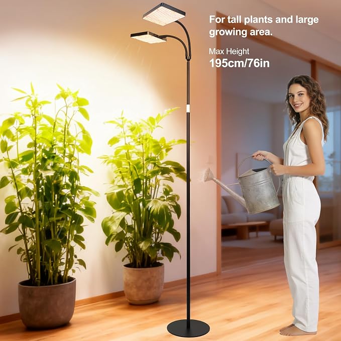 FECiDA 2026 2Head Floor Lamp Grow Light, Standing Grow Light with Stable Base for Tall and Big Houseplant, Bonsai Tree, Monstera, 4/8/12/16/20 Hr Timer, 50 Watt Power Draw, 40"-76" Height Adjustable