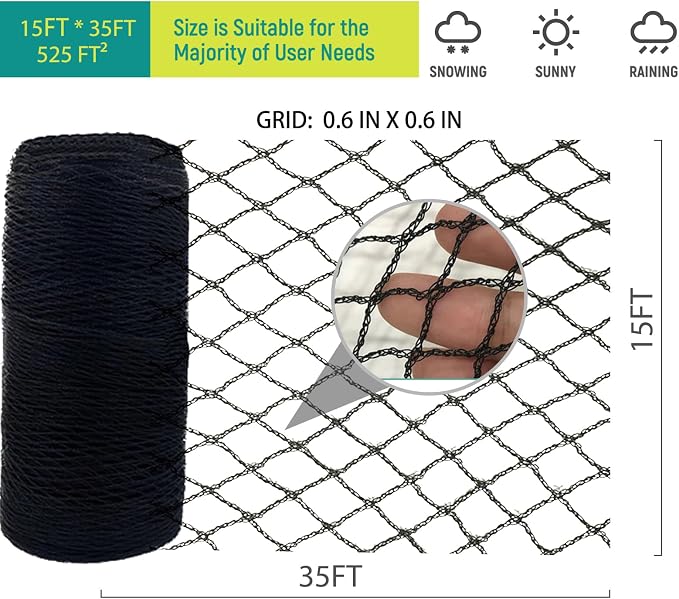 Heavy Duty Bird Netting - 0.6" Mesh UV Resistant 15FT*35FT | Garden fruit protection birds Blueberry grape coverage Breathable mesh weather permeable Reusable toolless durable
