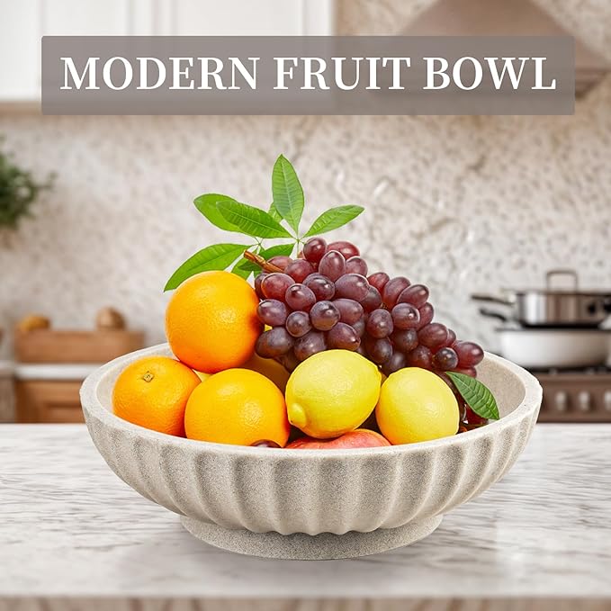 Deobath Large Decorative Bowl - Fruit Bowl for Kitchen Counter - Modern Decorative Bowl for Home Decor,Key Bowl for Entryway Table - Artificial Stone Beige
