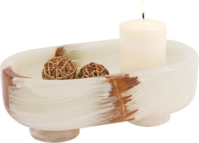 Radicaln Marble Oval Bowl With Stand 10" Inches White Onyx Handmade Fruit Bowl For Kitchen Counter, Ideal Serving Bowl, Candy and Candle Dish & Banana Holder For Kitchen Table