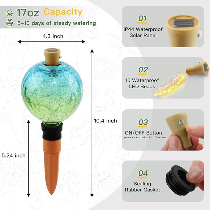 VOREEN Crackle Glass Plant Watering Globe with Terracotta Spike,Self-Watering Irrigation for Potted Plants, with Solar Accent Light for Indoor & Outdoor Décor, 17oz, Blue–Green Gradient