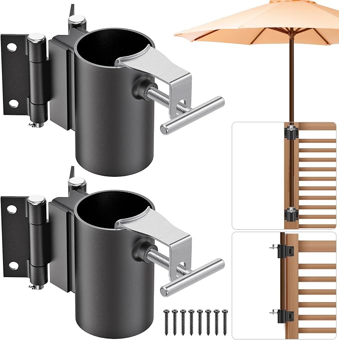 Heavy Duty Deck Railing Umbrella Holder, Adjustable Patio Umbrella Stand for 1-2 Inch Poles, Post Flat & Right Angle Mount, Maximizes Deck Space