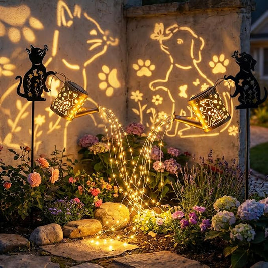 Solar Watering Can with Metal Cat and Dog Figures, Hanging Garden Decoration, Outdoor Garden Gift for Women