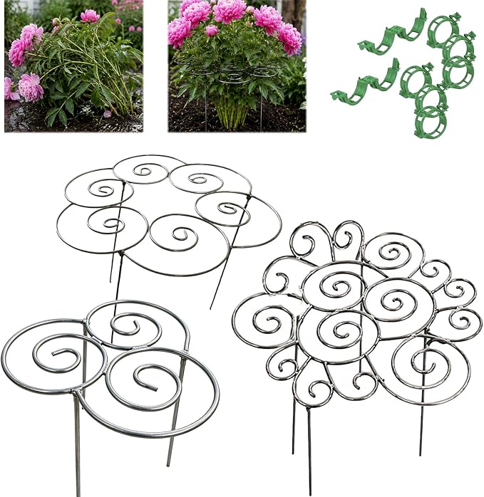 Metal Plant Support Ring for Garden, Heavy-Duty Peony & Dahlia Cage, Stackable Flower Support for Indoor & Outdoor Plants, Decorative Grow-Through Ring, Orchid Clip