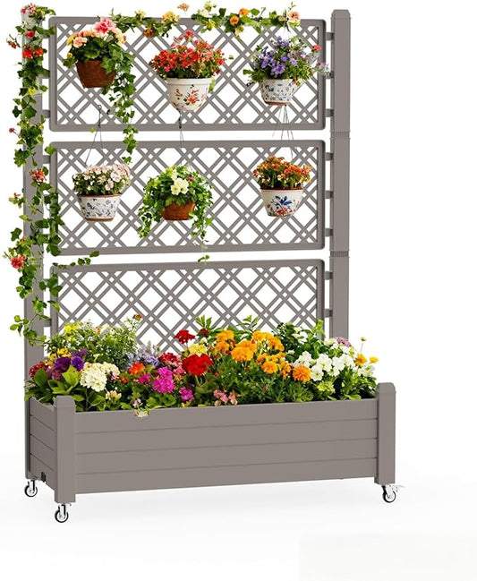 Vixzen 64" Tall Raised Garden Bed,Outdoor Large Resin Planter Box with Trellis and Drain Plug for Climbing Plants,Easy to Assemble,Water Monitor,Mobility(Light Brown, 43.43"×18.27"×64.29")