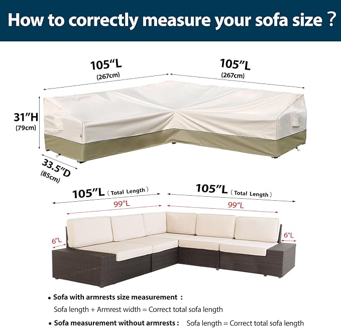 Outdoor Sectional Couch Cover - Patio Fruniture Covers Waterproof, Rip-Stop, Anti-UV 600D Heavy Duty with 3 Air Vent (V-Shaped-105''X105''), Light Green