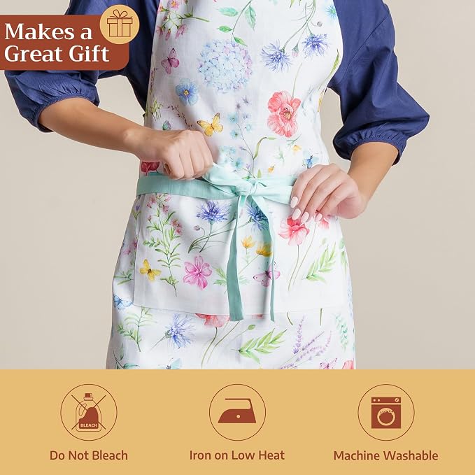 Maison d' Hermine Aprons for women with Pocket 100% Cotton (27.50"x31.50") | Adjustable Neck Strap & long ties Apron Men Chef Wedding Cooking Gardening Server Maid