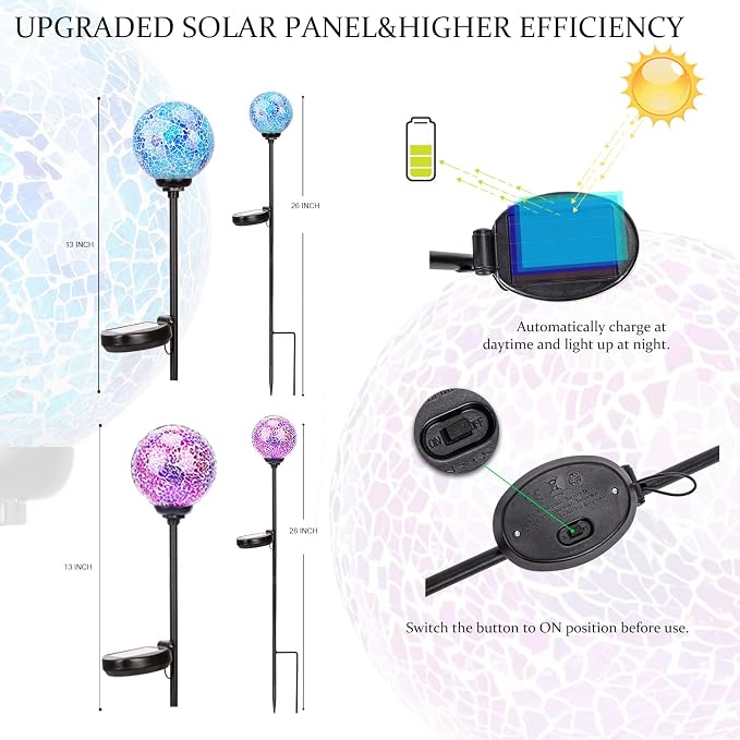 VCUTEKA Decorative Solar Garden Lights, 3.5" Mosaic Globe Stake 2 Pack | Mosaic Glass Design, Solar LED Light, Weather Resistant, Auto On/Off and Metal Stake Design for Lawn and Patio