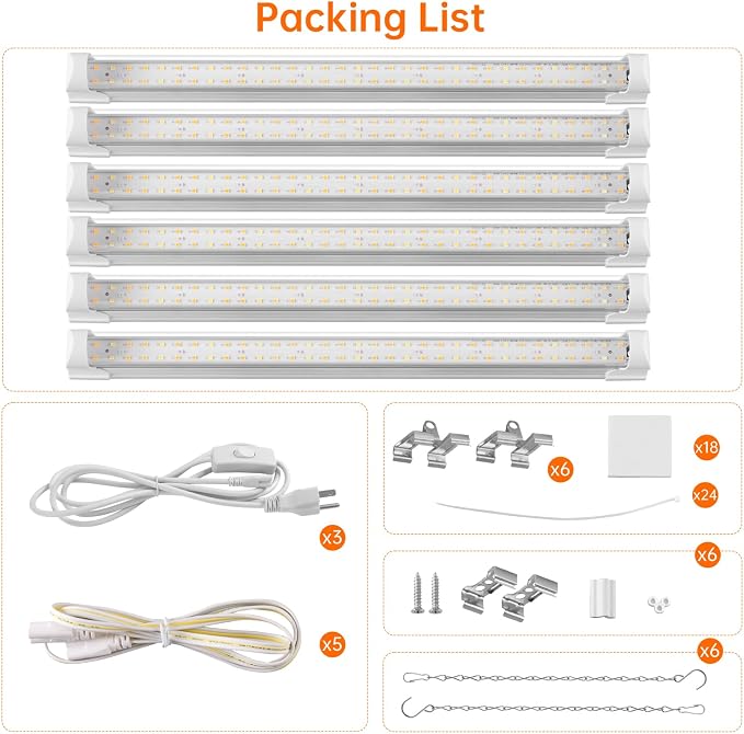 Bstrip T8 Grow Light, 1.4FT 108W (6 x 18W) Plant Lights for Indoor Growing, Full Spectrum with 660nm Red LEDs, 3467K, Ideal for Indoor Plants, Greenhouse, Linkable Design with On/Off Switch, 6-Pack