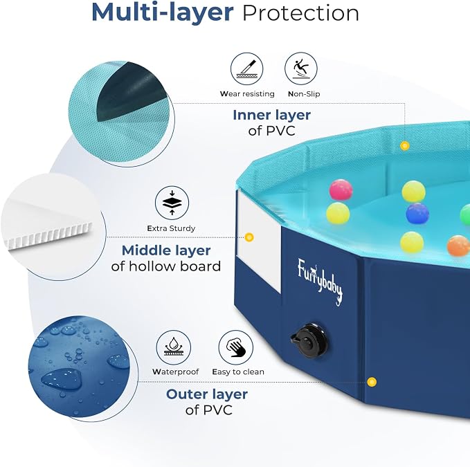 Furrybaby Foldable Dog Pool Non-Slip Hard Bath Tub Indoor Outdoor Pets Kids | Collapsible rigid dog pool with non-slip PVC, durable hard plastic tub, portable indoor & outdoor use for pets and kids, navy