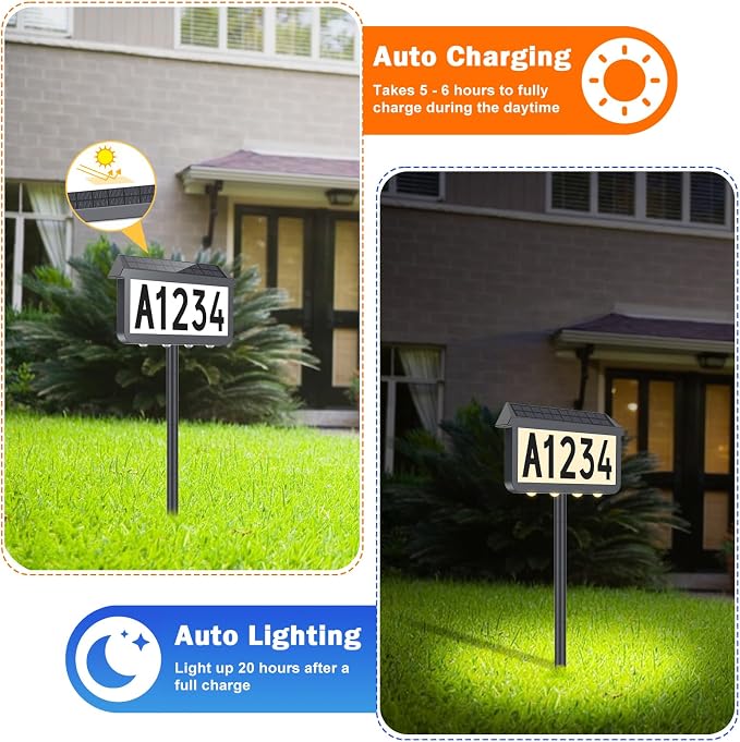 Brightever Solar Address Signs, House Number for Outside Waterproof, 3-Color LED Illuminated Address Plaques with Stake, Wall Mounted Solar Powered Light Up Address Numbers for Houses, 1-Pack, Grey