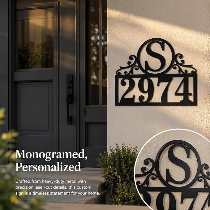 Personalized Metal House Number Sign for Outside, Custom Address Plaque with Family Initial, Door Number Plate for Yard Porch Wall Decor, House Numbers for Home