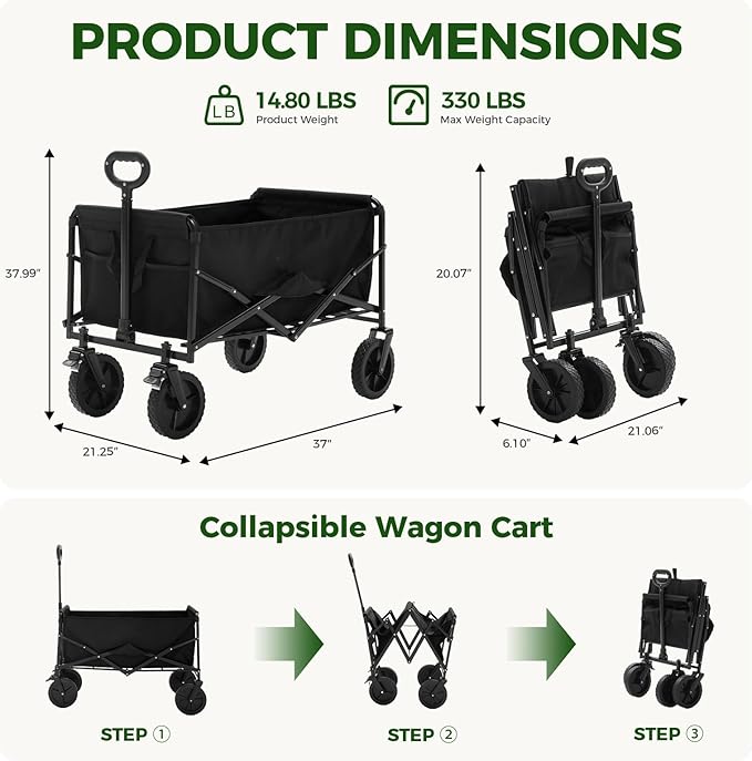 OLIXIS Collapsible Wagon 102L Standard Heavy Duty Utility Folding Wagon Cart with Lockable Brake Wheels – 330 lbs Weight Capacity, Flexible Handle for Beach, Grocery, Camping, Sports & Garden, Black