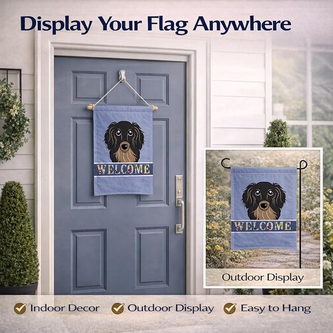 Caroline's Treasures BB1399GF Longhair Black and Tan Dachshund Welcome Garden Flag, Blue Mailbox Flag Decorative Yard Flag Banner Outside Patio Artwork Yard Flower Beds, Garden Size, Multicolor