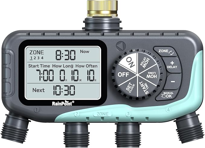 RAINPOINT Sprinkler Timer, 4 Outlets Hose Timer with Brass Inlet with Rain Delay/Manual/Automatic Controller System, Programmable Digital for Lawn Yard, 4 Zone (Sky Blue, 4 Outlets)