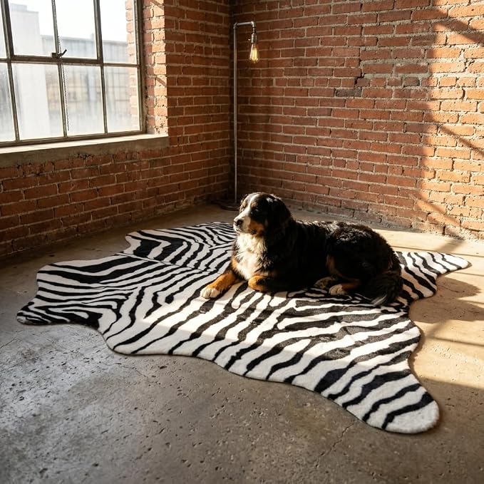 MustMat Faux Zebra Print Area Rug, Industrial Style Decor 4'7'' × 5'3'' | Black/White, Fits Bedrooms, Living Rooms & Reading Nooks. Suits Rustic, Minimalist Decor For Holiday & Birthday Use