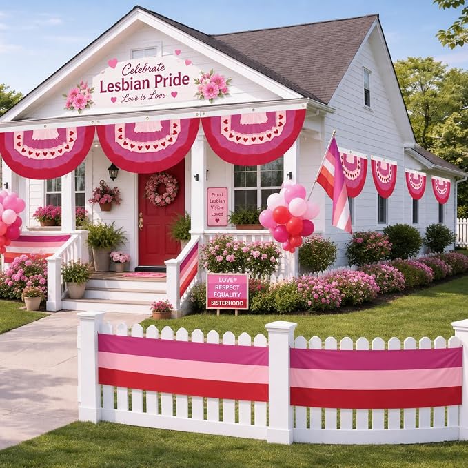 3Pack Lesbian Pride Bunting 2 x 20 Ft Pink Red White Pride Decorations, LGBTQ Lesbian Party Banner for Pride Month, WLW Wedding, Gay Pride Festival, Parade, Porch, Wall, Fence Decor