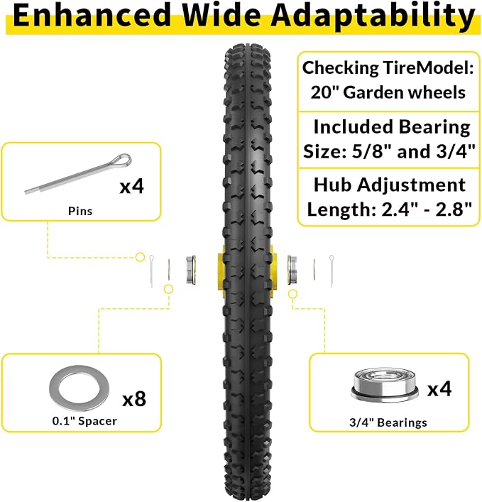 RONPOW 20 Inch Flat Free Wheelbarrow Wheels Compatible with rubbermaid Wheelbarrows Cart Tires, 5/8" Bearings and 3/4" Bearings, Replacement Wheelbarrow Wheels Garden Yard Carts, 400Lbs, 2Pack Yellow