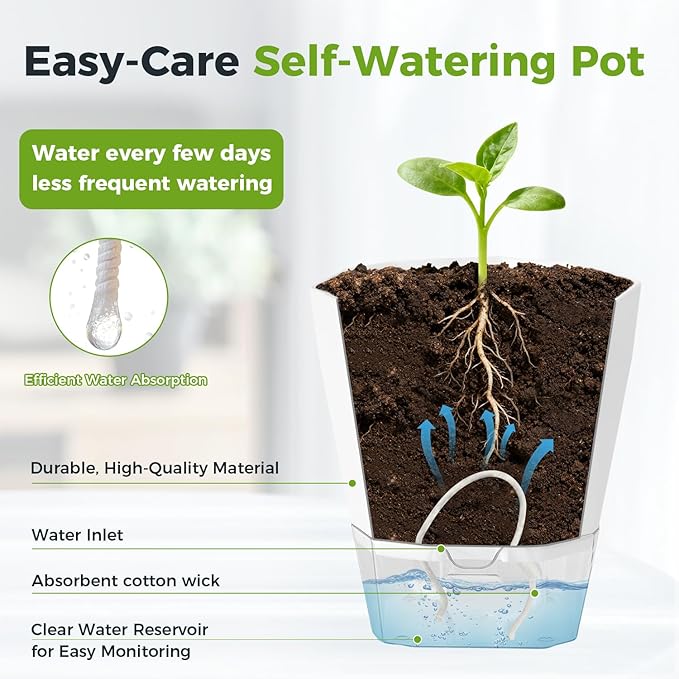 4 Pack Self Watering Pots for Indoor Plants, 10 Inches Self Watering Planters African Violet Pots Clear Pots for Herb Orchid Flower Houseplant, White