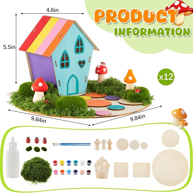 Kathfly 12 Sets Wooden Fairy House DIY Craft Kit for Kids with Paints & Decorations, Unpainted Miniature Garden Accessories for Home Event Party Decorations, Arts Birthday Party Favor (Fairy House)