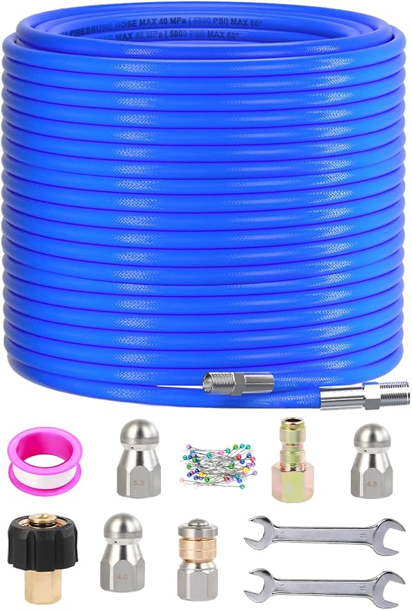 Sewer Jetter Kit for Pressure Washer 150FT, 5800 PSI Water Jet Drain Cleaner Hose 1/4 Inch NPT Corner, Rotating and Button Sewer Jetting Nozzles, Waterproof Tape, Spanners, and Pearl Corsage Pin