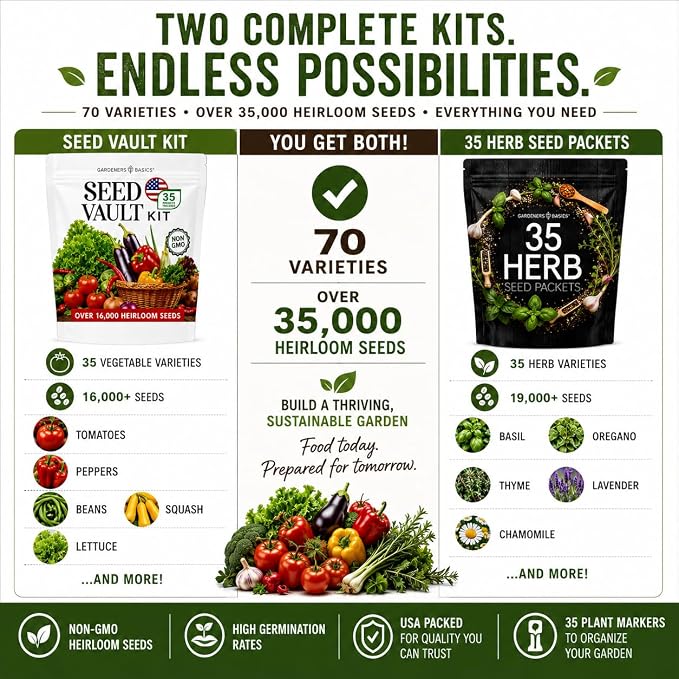 Gardeners Basics Seed Vault + Medicinal Herb Seed Bundle | 70 Heirloom Vegetable & Herb Varieties | 35,000+ Non-GMO Heirloom Seeds for Gardening, Homesteading & Prepping
