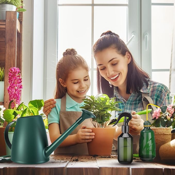 Reallnaive 1/2 Gallon Long Spout Watering Can Set for Indoor & Outdoor Plants – Includes Spray Bottle, Squeeze Bottle, Watering Globes & Soil Moisture Meter for Garden & House Plants(Dark Green)