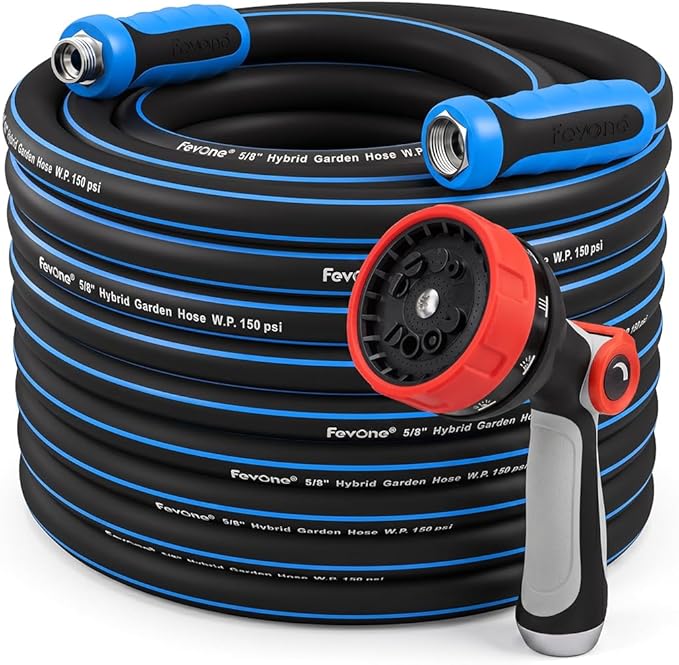 FEVONE Heavy Duty Garden Hose 75 ft, Spray Nozzle Included | Flexible Water Hose, Leak-Free, Lightweight Hybrid Polymer, 5/8 ID, 600 PSI, 3/4 GHT Aluminum Fittings with Swivel Handles