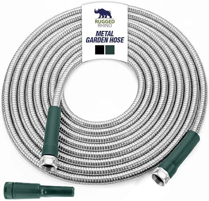 RUGGED RHINO Metal Garden Hose with Spray Nozzle, 100FT, 304 Stainless Steel, 750 PSI Burst Strength, Heavy Duty Flexible Water Hose, Kink Resistant, Leakproof for Yard, Lawn and Outdoor Use, Green