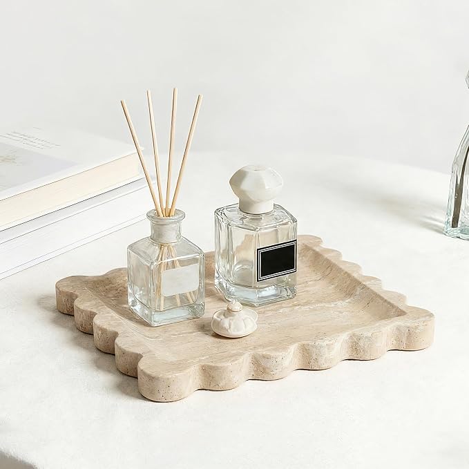 Scalloped Square Marble Decorative Tray, Natural Stone Vanity & Jewelry Tray, Trinket Organizer for Ring, Key, Dresser, Nightstand, Bathroom Counter & Kitchen Sink(Beige Travertine)