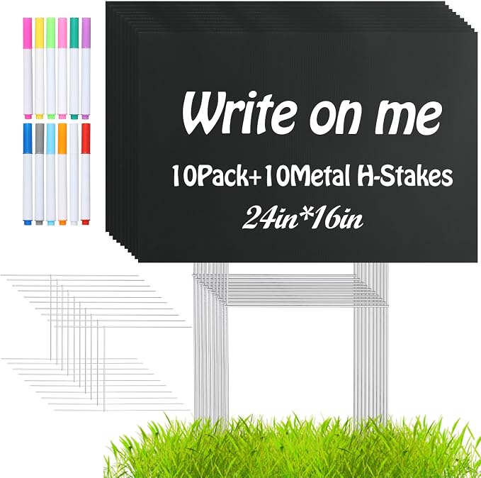 10 Pack 24x16 Inch Waterproof Corrugated Plastic Yard Signs with Stakes - Black Blank Outdoor Signs for Gardens, Parks, Garage Sales, Events & Commercial Advertising