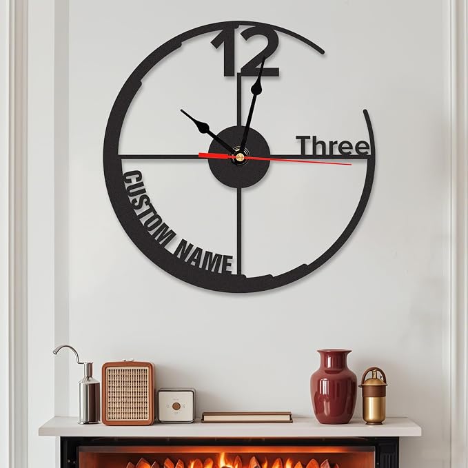 Personalized Outdoor Wall Clock, Custom Name Silent Non Ticking Clock, Battery Operated, Waterproof Modern Black Metal Wall Clocks for Patio, Pool, Garden, Living Room Decor, Housewarming Gift